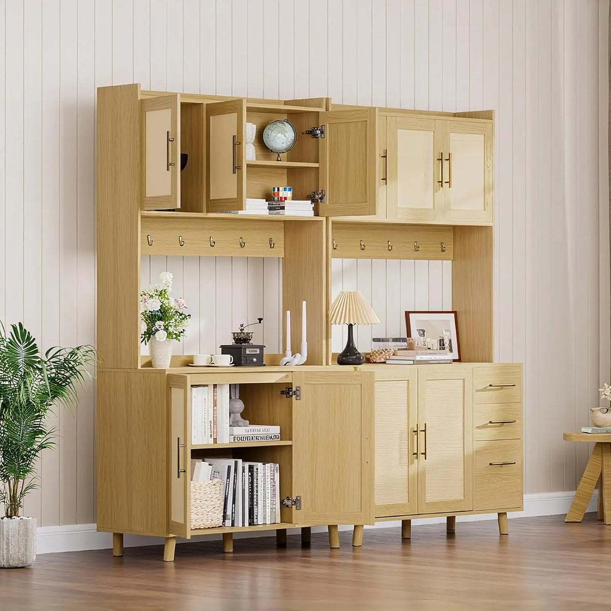 HiMISS Freestanding Rattan Kitchen Pantry Storage Cabinet
