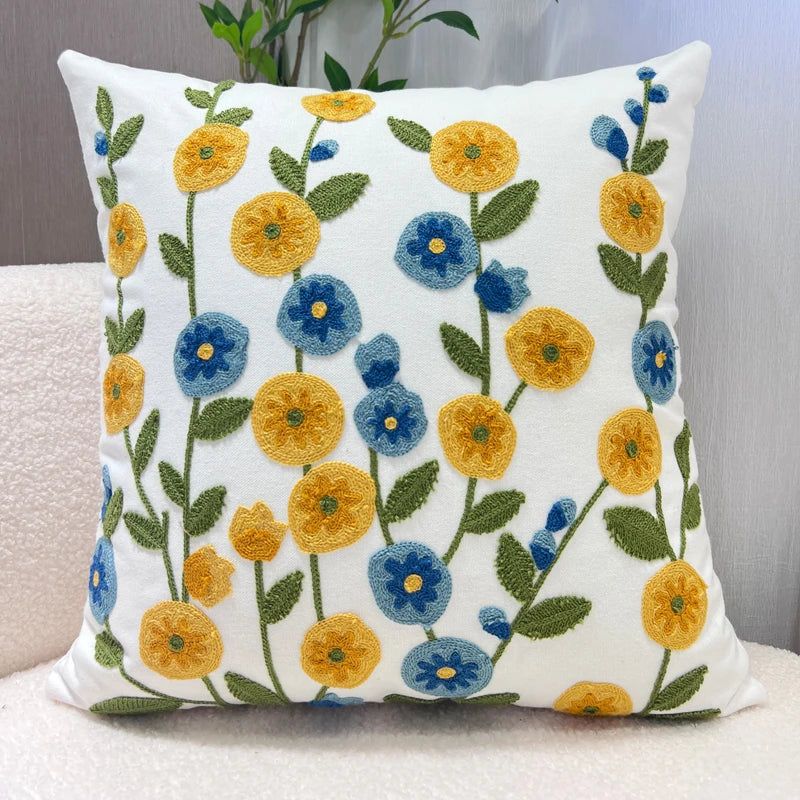 Floral Embroidered Cotton Blend Nordic Style Pillow Cover For Sofa