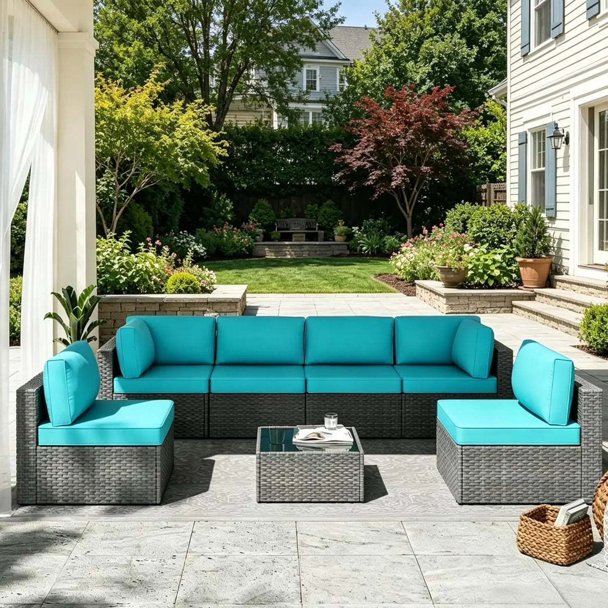 Xiaolang Outdoor Patio Sectional Sofa With Glass Table And Cushions