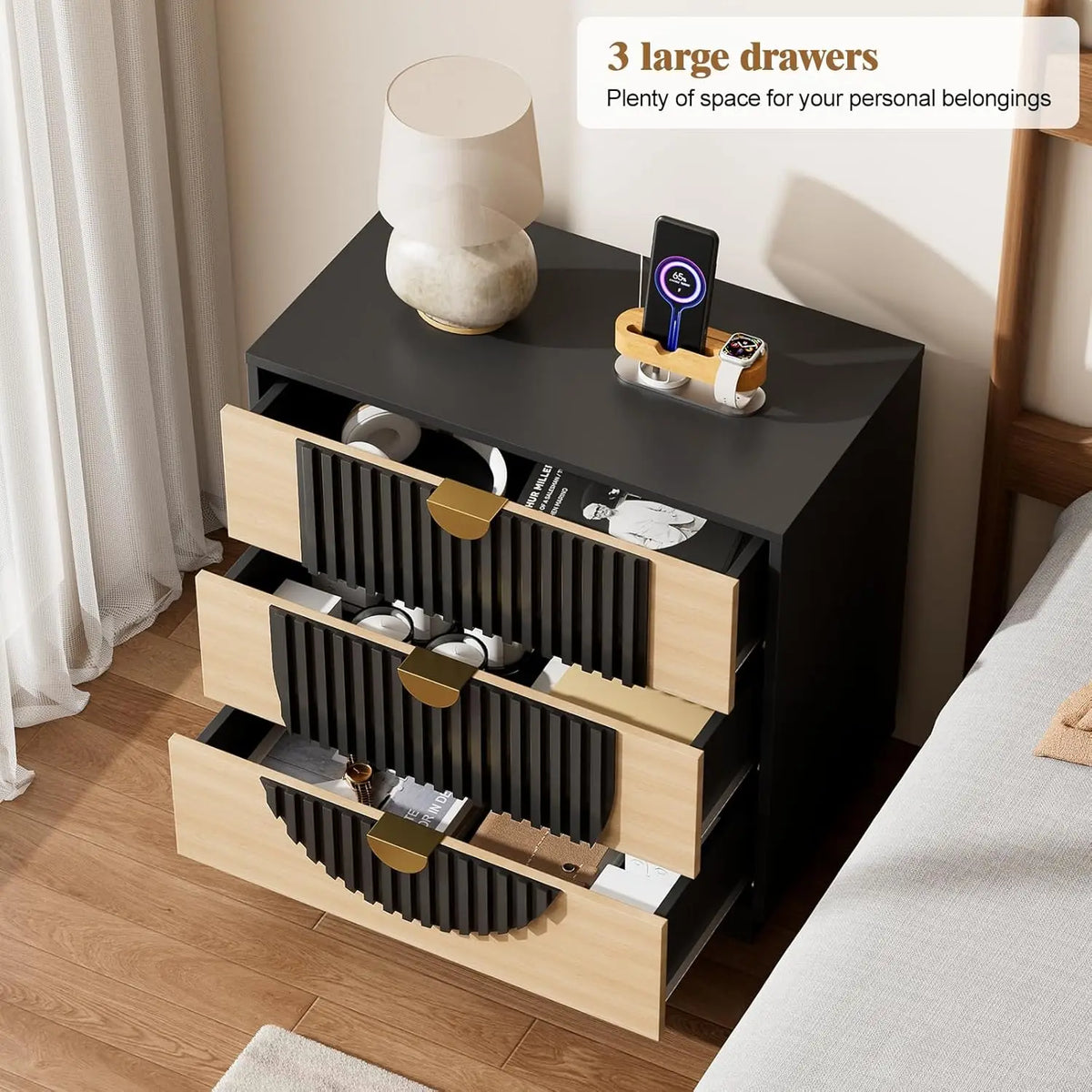 Modern Wood Nightstand With Three Drawers And USB Charging Port