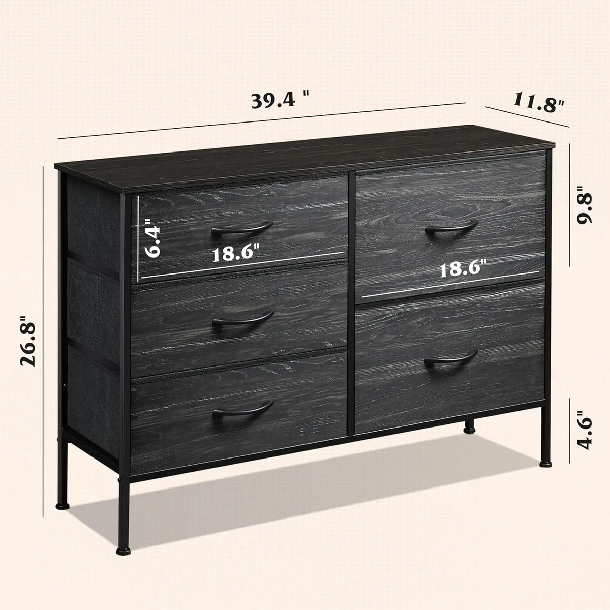 JHK Modern 5 Drawer Fabric Dresser With Metal Frame For Bedroom Living Room
