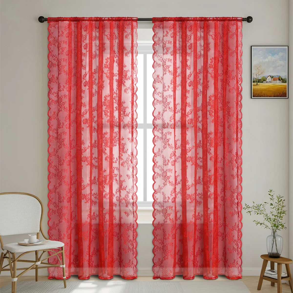 Romantic Flower Lace Sheer Window Curtain With Rod Pocket
