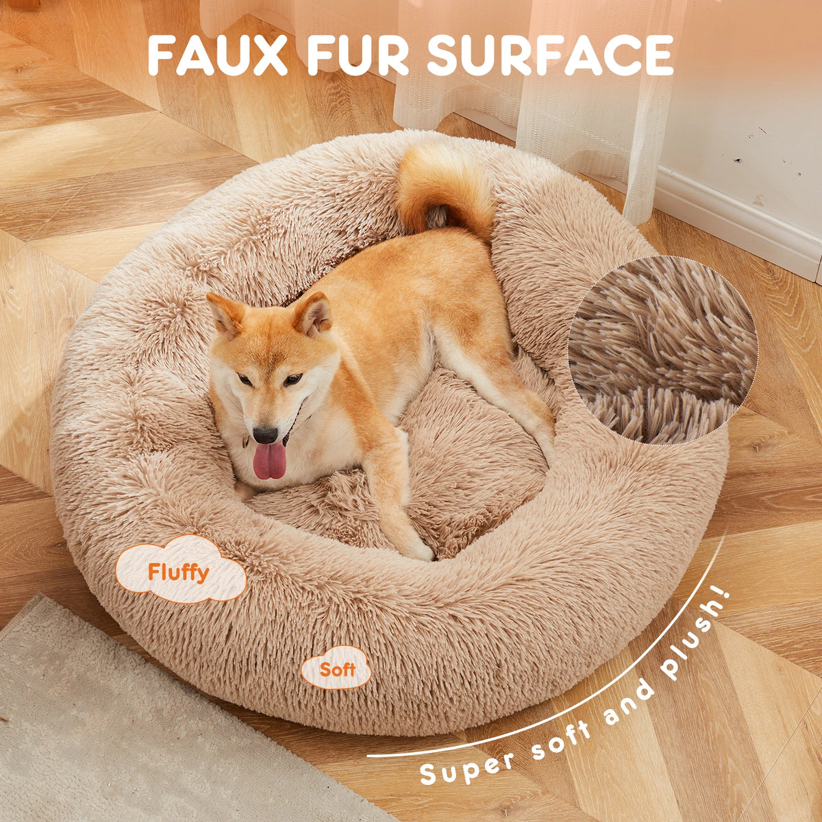 JHK Calming Washable Plush Faux Fur Dog Bed Non Slip