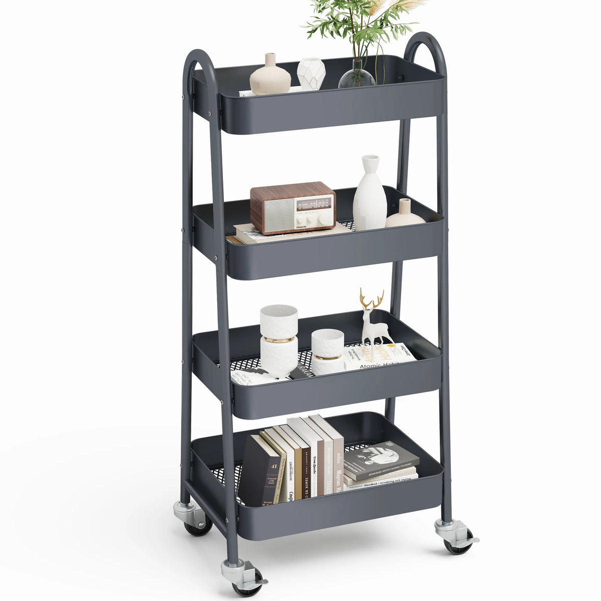 JHK 4 Tier Metal Storage Kitchen Cart with Lockable Wheels Mobile Shelving Unit Utility Rolling Organizer For Home Narrow Places