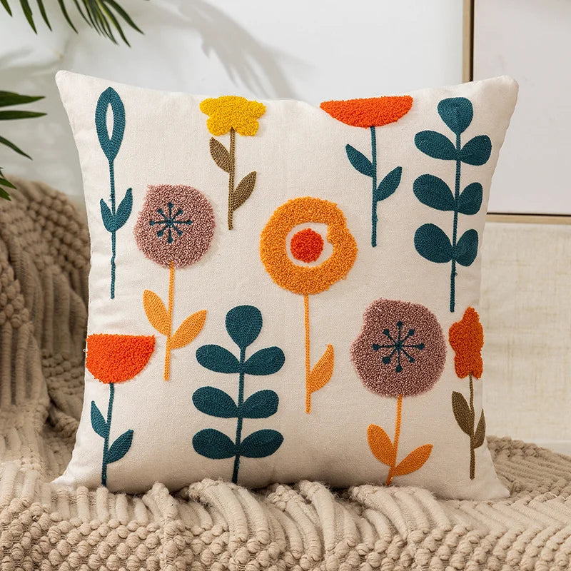 Floral Embroidered Cotton Blend Nordic Style Pillow Cover For Sofa