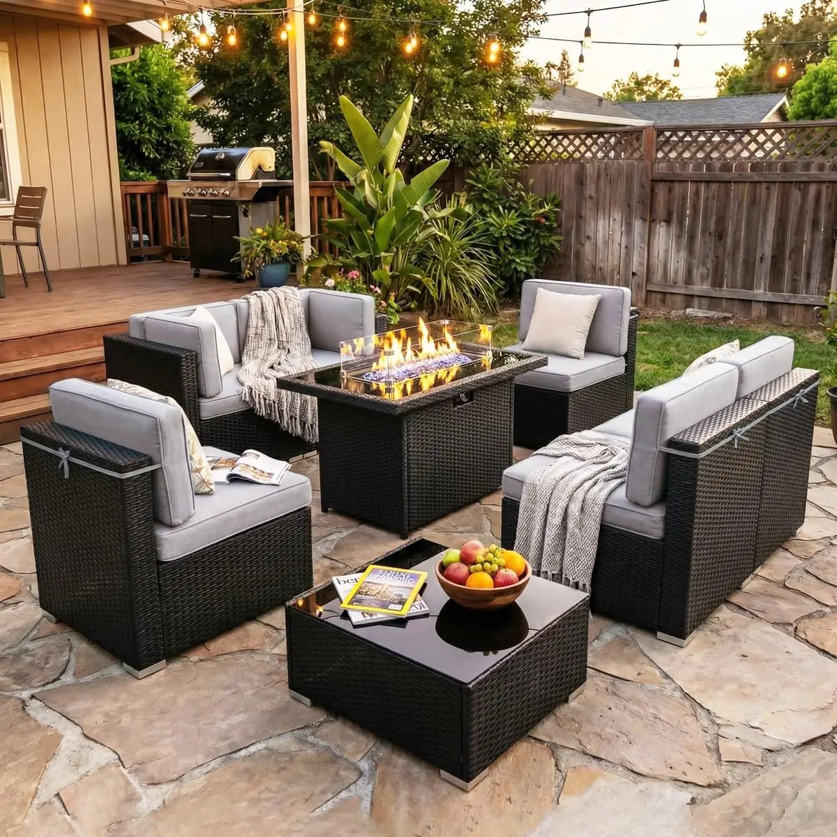 Xiaolang Outdoor Wicker Patio Sofa Set With Fire Pit Table