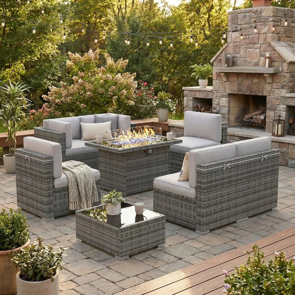 Xiaolang Outdoor Wicker Patio Sofa Set With Fire Pit Table