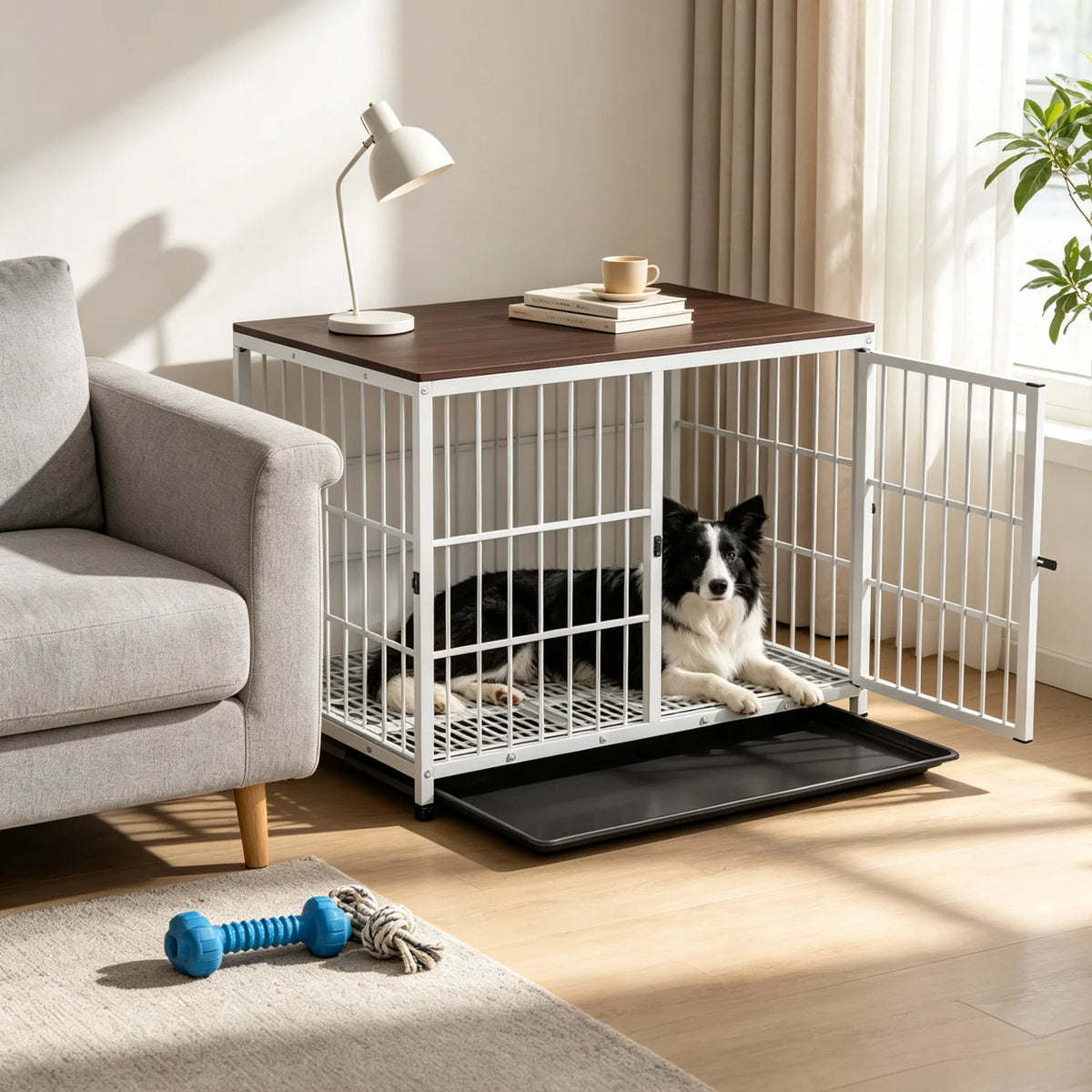 BINGOPAW Wooden Dog Crate Furniture With Metal Frame And Tray
