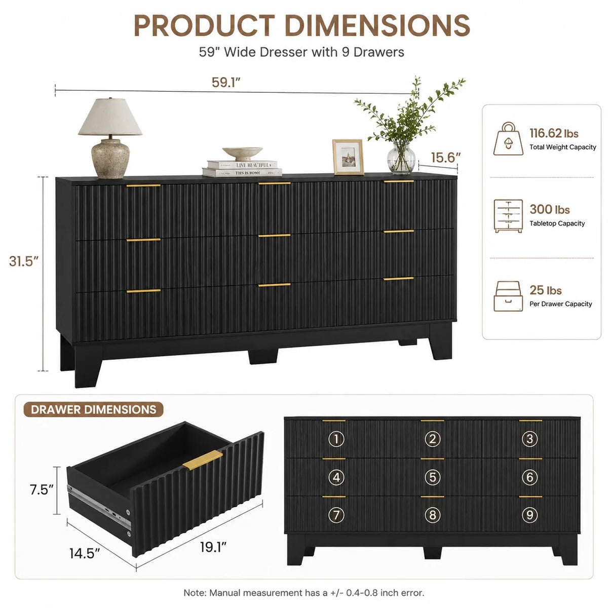 Modern Fluted Wood Nine Drawer Dresser With Storage Cabinet