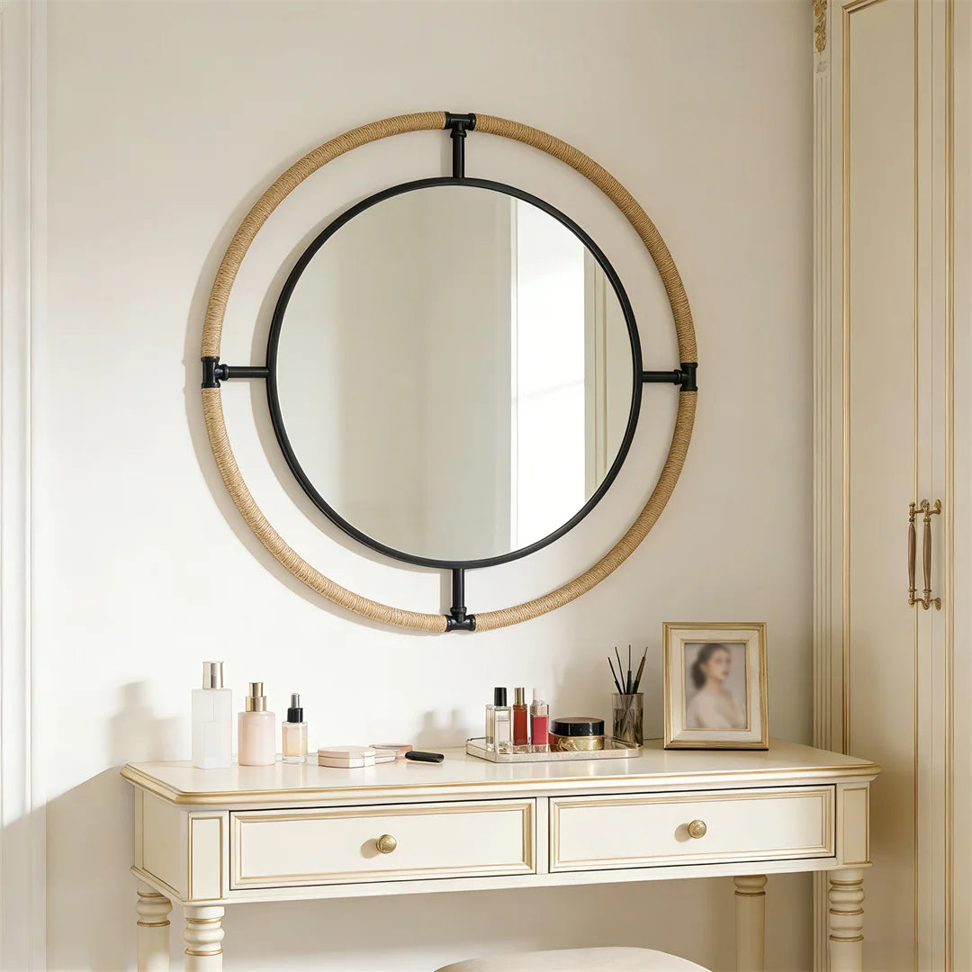 Nautical Round Wall Mirror with Rope Decorative Hanging Beach Living Room Coastal Theme Home Decor