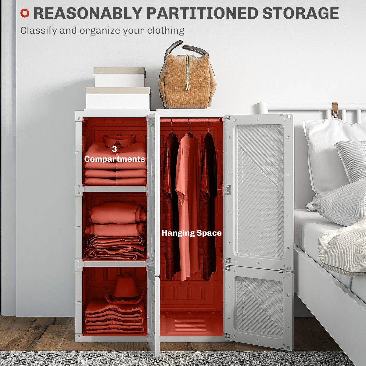 Portable Folding Wardrobe Closet With Hanging Rod And Magnetic Doors