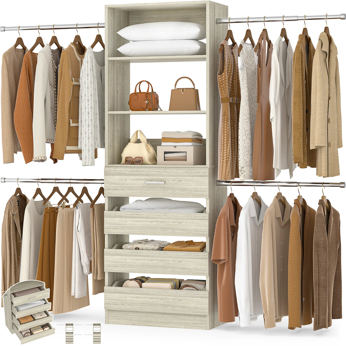 Aheaplus Wooden Closet Organizer With Drawers And Hanging Rods