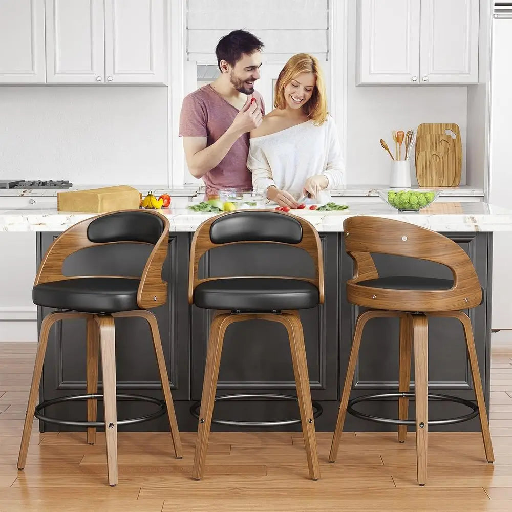 Mid Century Modern Swivel Bentwood Bar Stools With Metal Frame