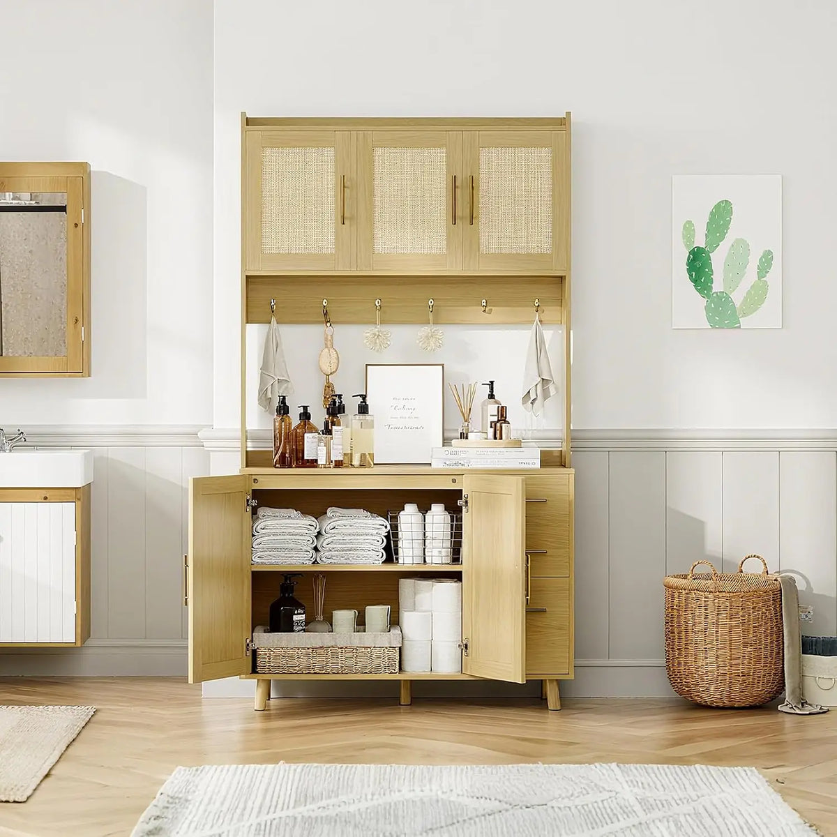 HiMISS Freestanding Rattan Kitchen Pantry Storage Cabinet
