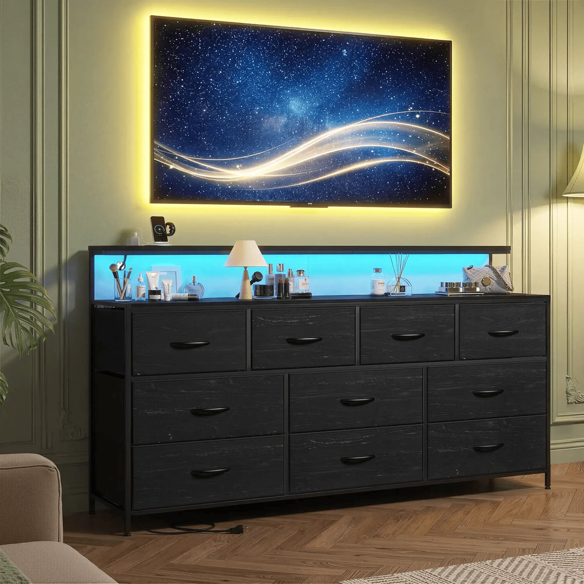 EnHomee 55 Inch Multi Function Dresser Ten Fabric Drawers Led Lighting