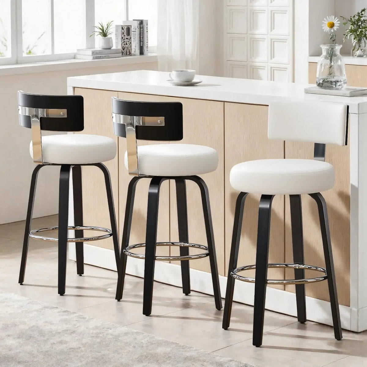 Elegant Kitchen Bar Stools With Leather Cushions And Wood Frames