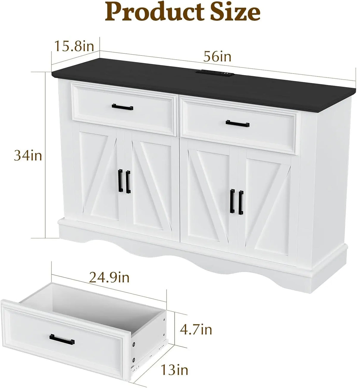 Modern Farmhouse Sideboard Buffet With Charging Station And Soft Close