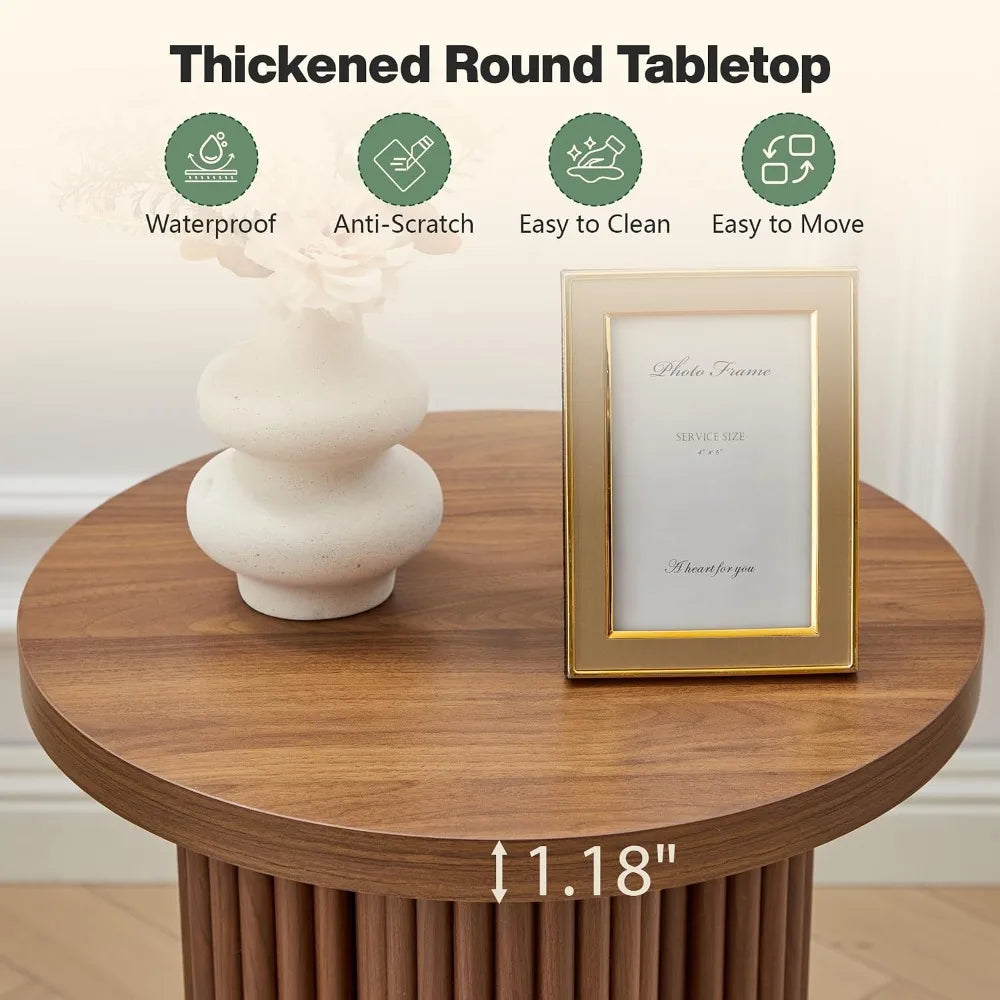 Mid Century Modern Solid Wood Round Fluted End Table