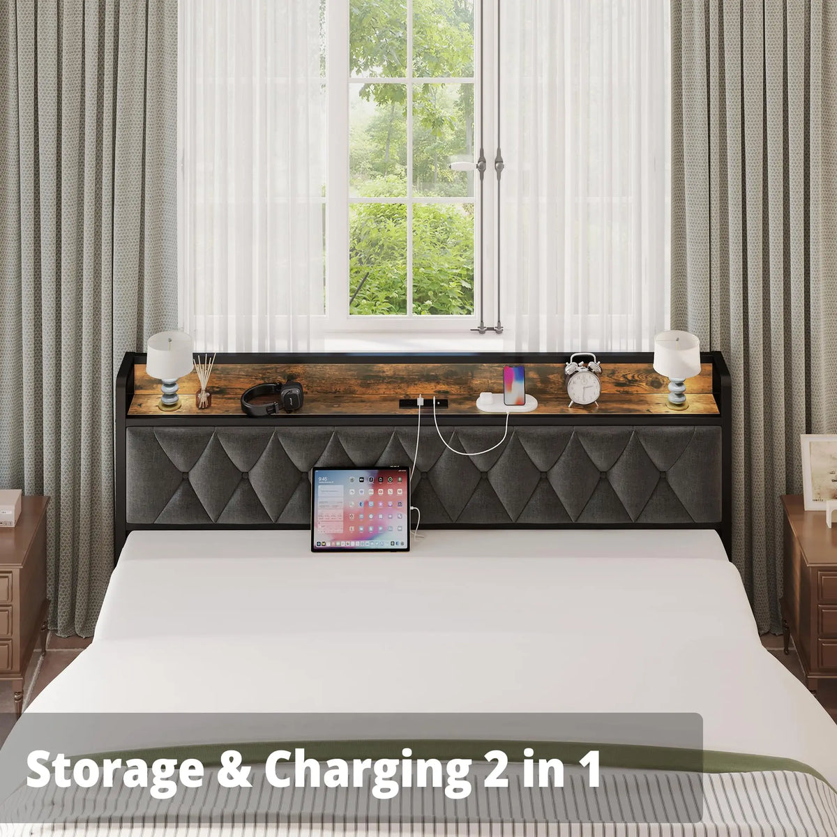 ANCTOR Modern Bed Frame With Storage Headboard Built In Outlets