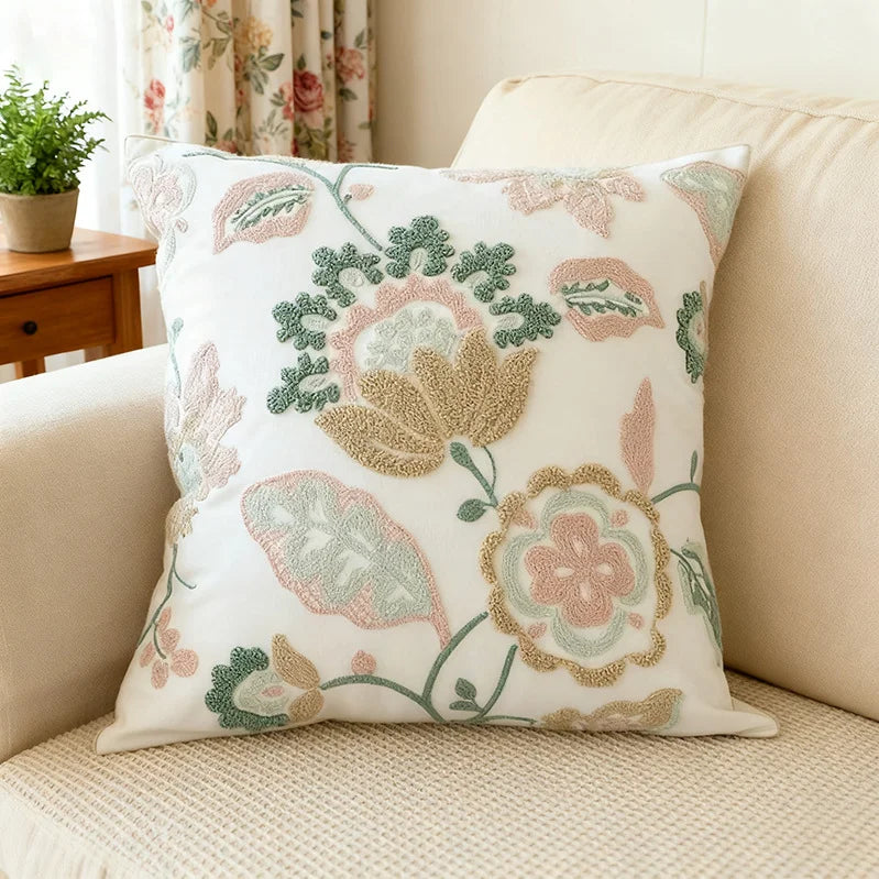 Floral Embroidered Cotton Blend Nordic Style Pillow Cover For Sofa