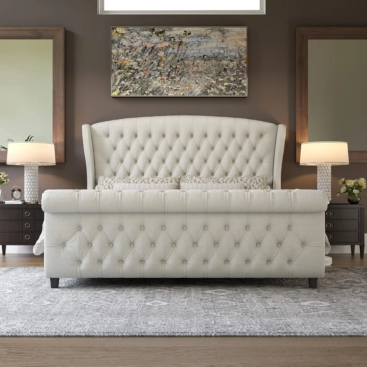 Queen Size Platform Bed Frame, Chenille Upholstered Sleigh Bed with Scroll Wingback Headboard & Footboard/Button, Customized