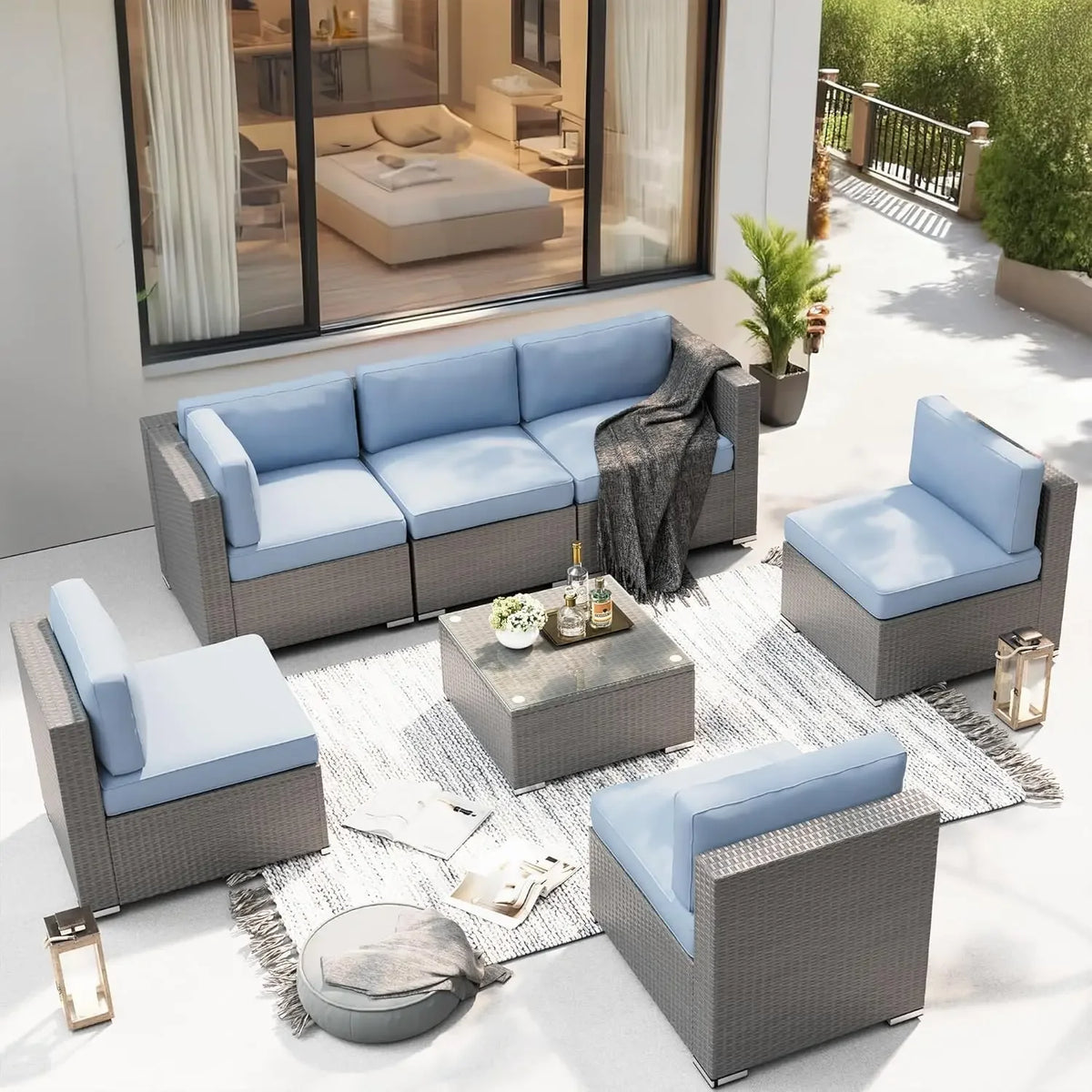 Outdoor Bamboo Patio Sectional Sofa Set with Coffee Table