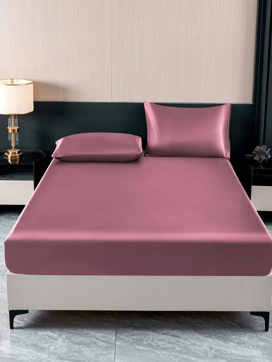 Premium Solid Color Silky Satin Bedding Set 4Piece Fitted Sheet Pillowcases