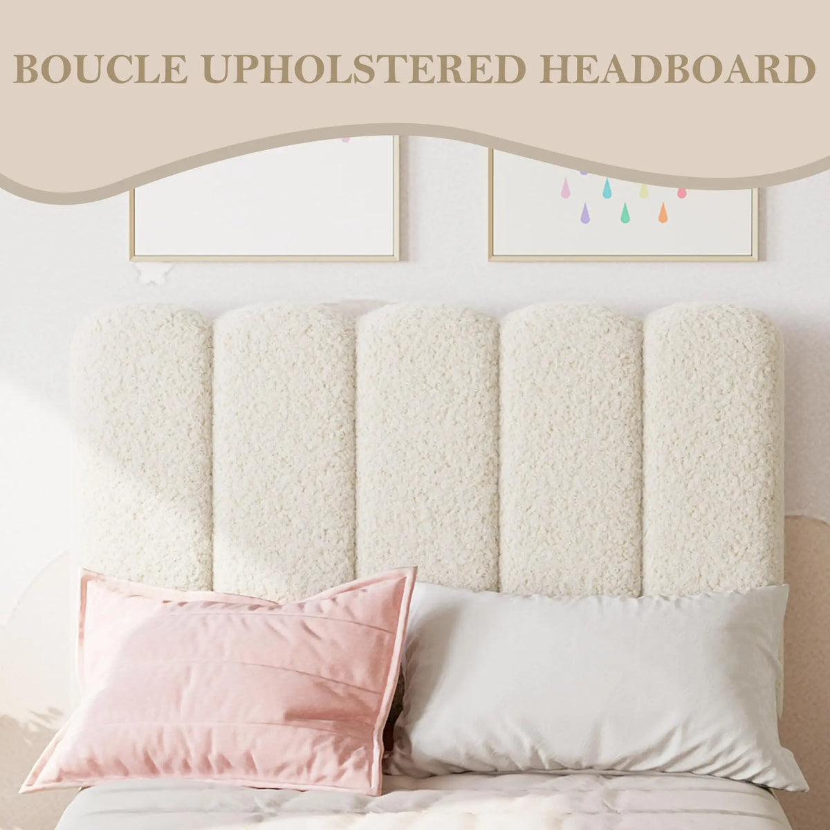Modern Upholstered Platform Bed With Wave Headboard And Wooden Slats