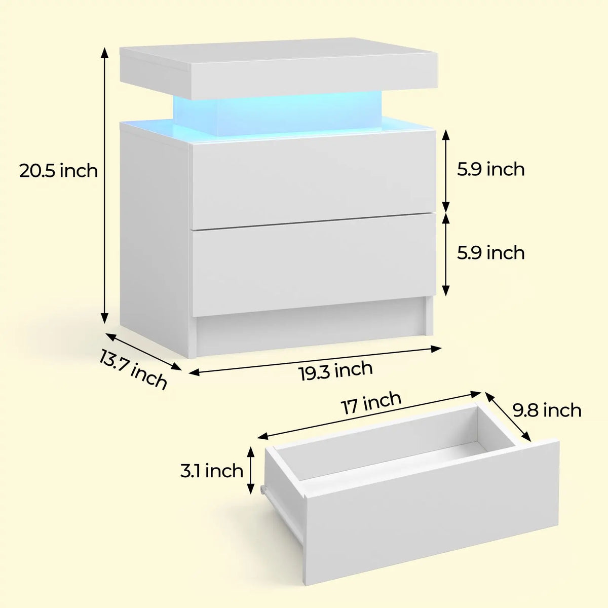 Cubehom LED Nightstand With Two Drawers And Adjustable RGB Lights