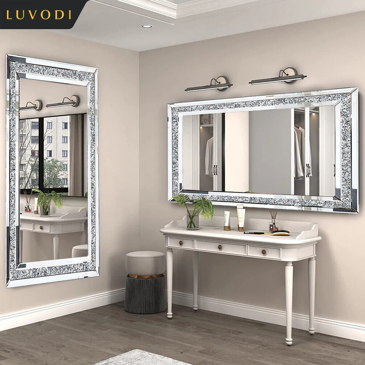 Luvodi Framed Wall Mounted Vanity Mirror With Crystal Accents
