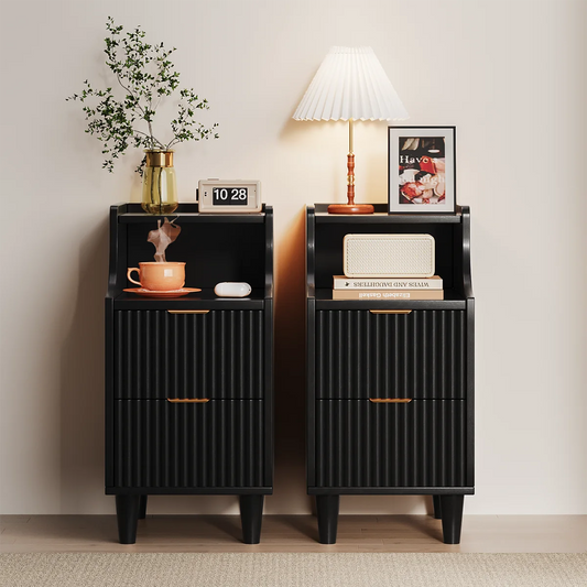 UGTOO Modern Narrow Nightstand With Two Drawers And Open Shelf