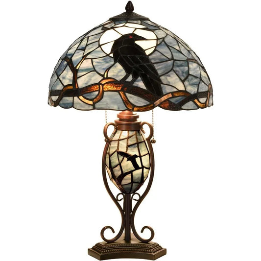 Raven On Bare Branch Full Moon Tiffany Stained Glass Lamp