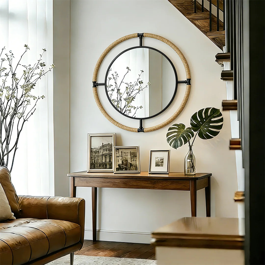Nautical Round Wall Mirror with Rope Decorative Hanging Beach Living Room Coastal Theme Home Decor