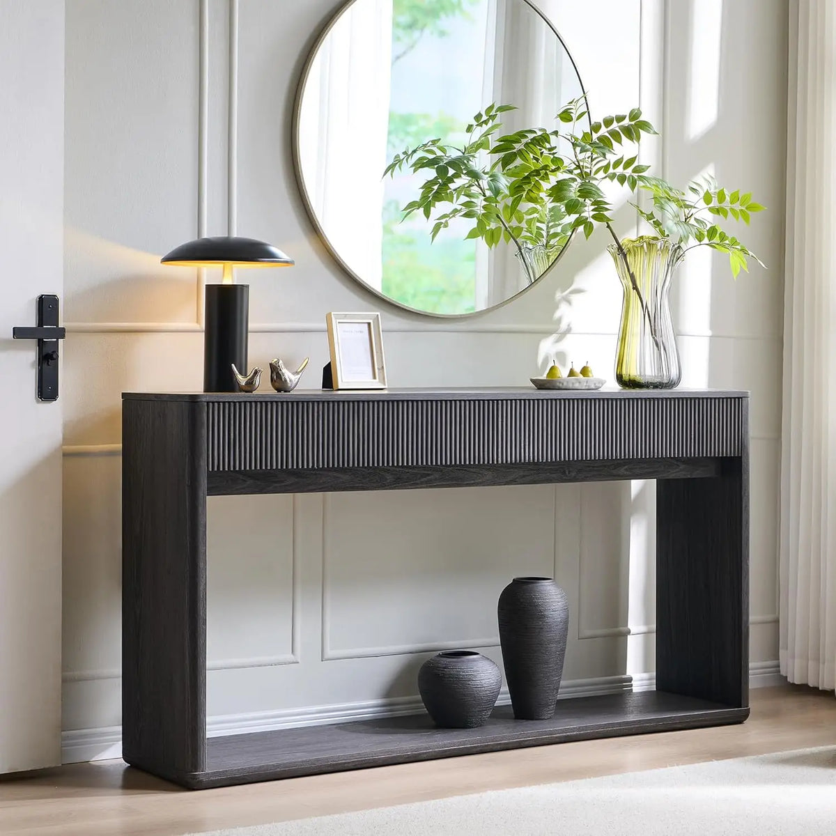 Fluted Engineered Wood Console Table With Two Large Drawers