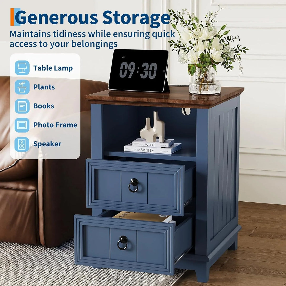 Modern Fluted Wood Nightstand With Usb Charging Station And Shelf