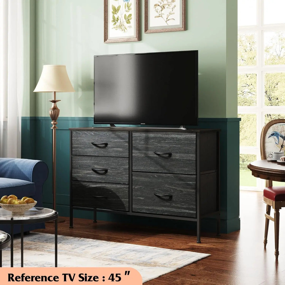 JHK Modern 5 Drawer Fabric Dresser With Metal Frame For Bedroom Living Room