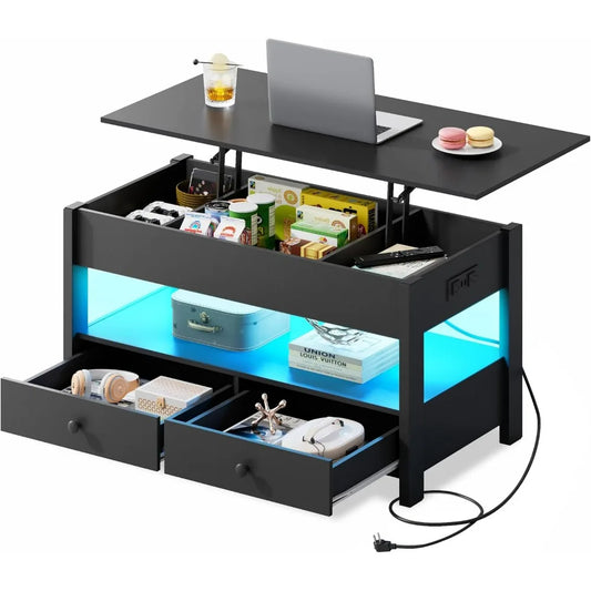 Wlive Lift Top Coffee Table With Drawers And Wooden Shelves