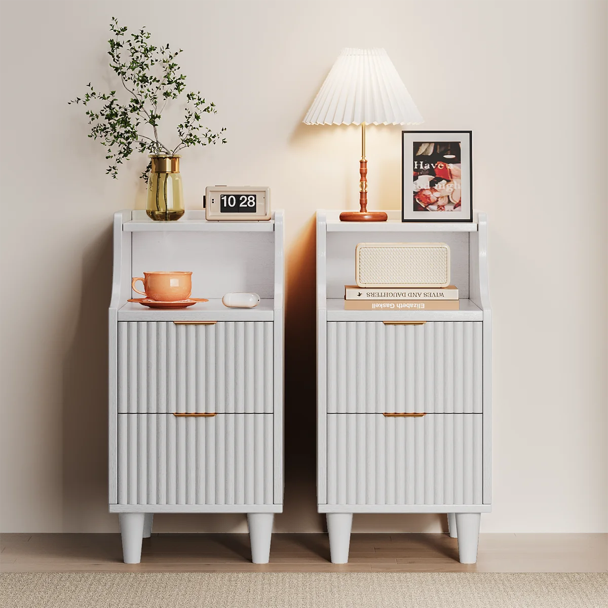 UGTOO Modern Narrow Nightstand With Two Drawers And Open Shelf