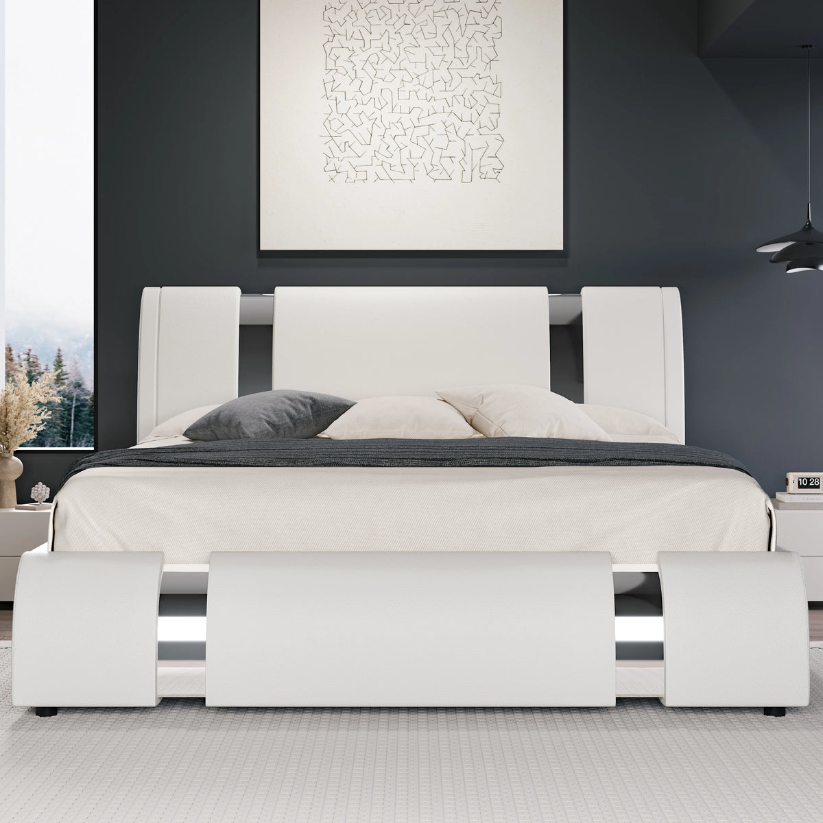 HOOMIC Modern Faux Leather Platform Bed With Adjustable Headboard