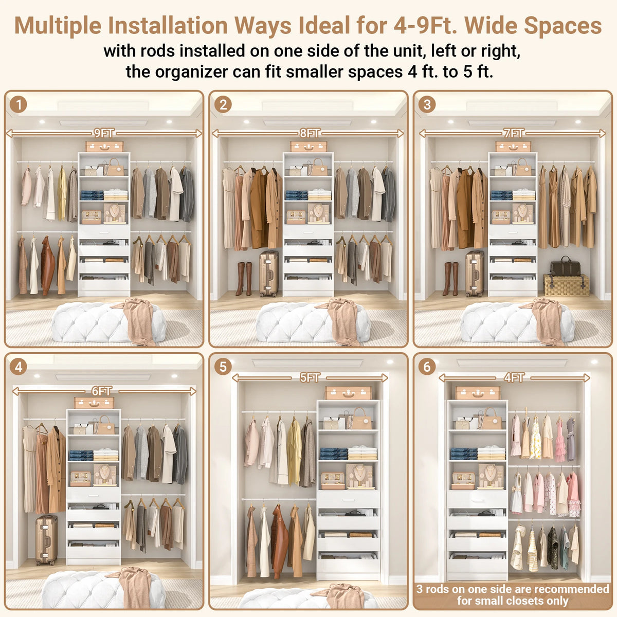 Aheaplus Wooden Closet Organizer With Drawers And Hanging Rods