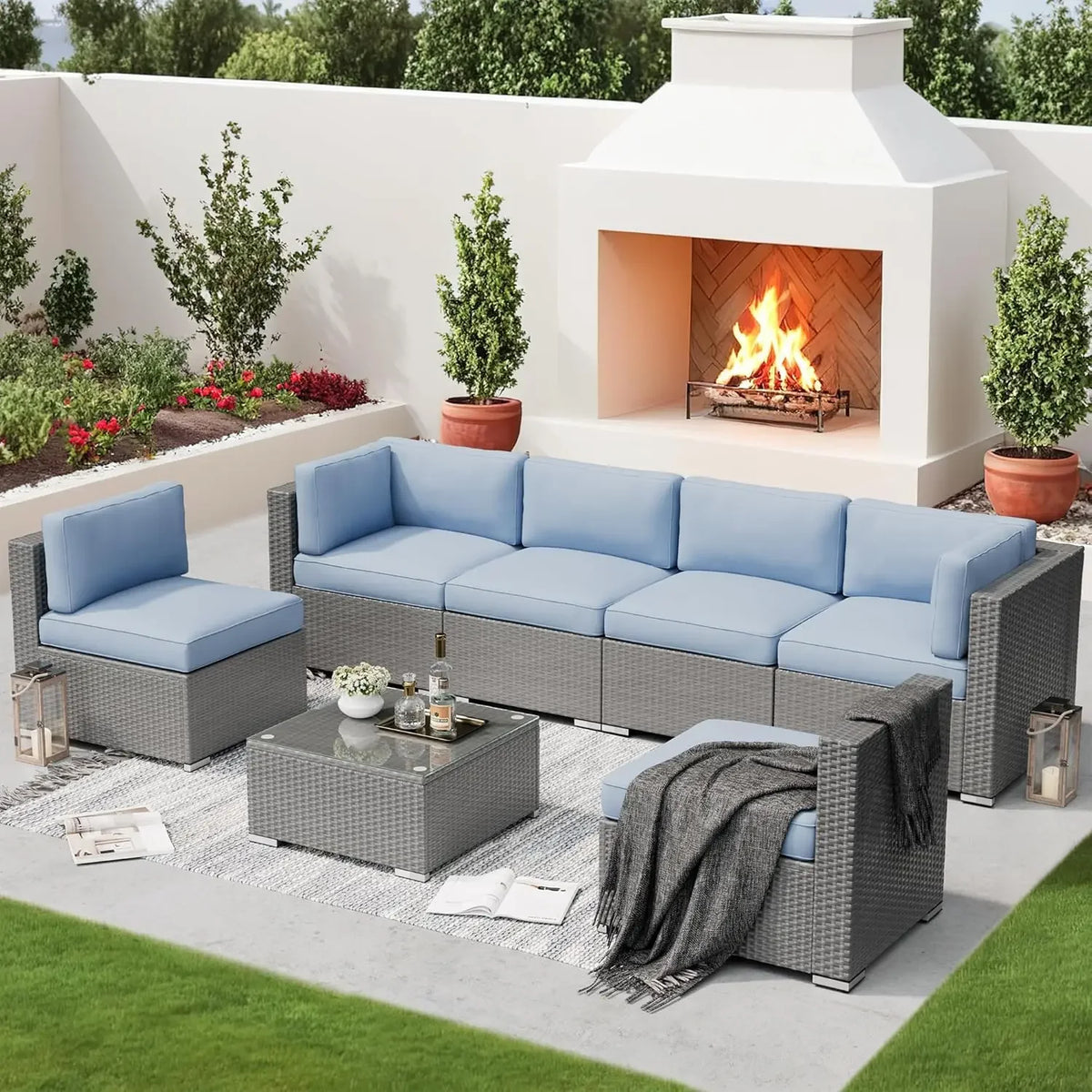Outdoor Bamboo Patio Sectional Sofa Set with Coffee Table