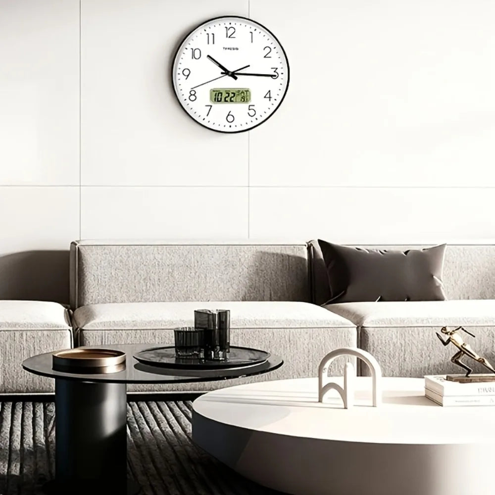 TIMESS Quartz Wall Clock with Date Display, Available In 10/12/14 Inch Sizes And 4 Colors, Features 3D Numerals And An LCD Displ