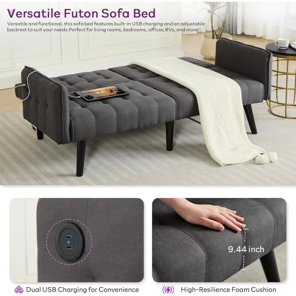 TYBOATLE Tufted Adjustable Futon Sofa Bed With USB Charging Ports