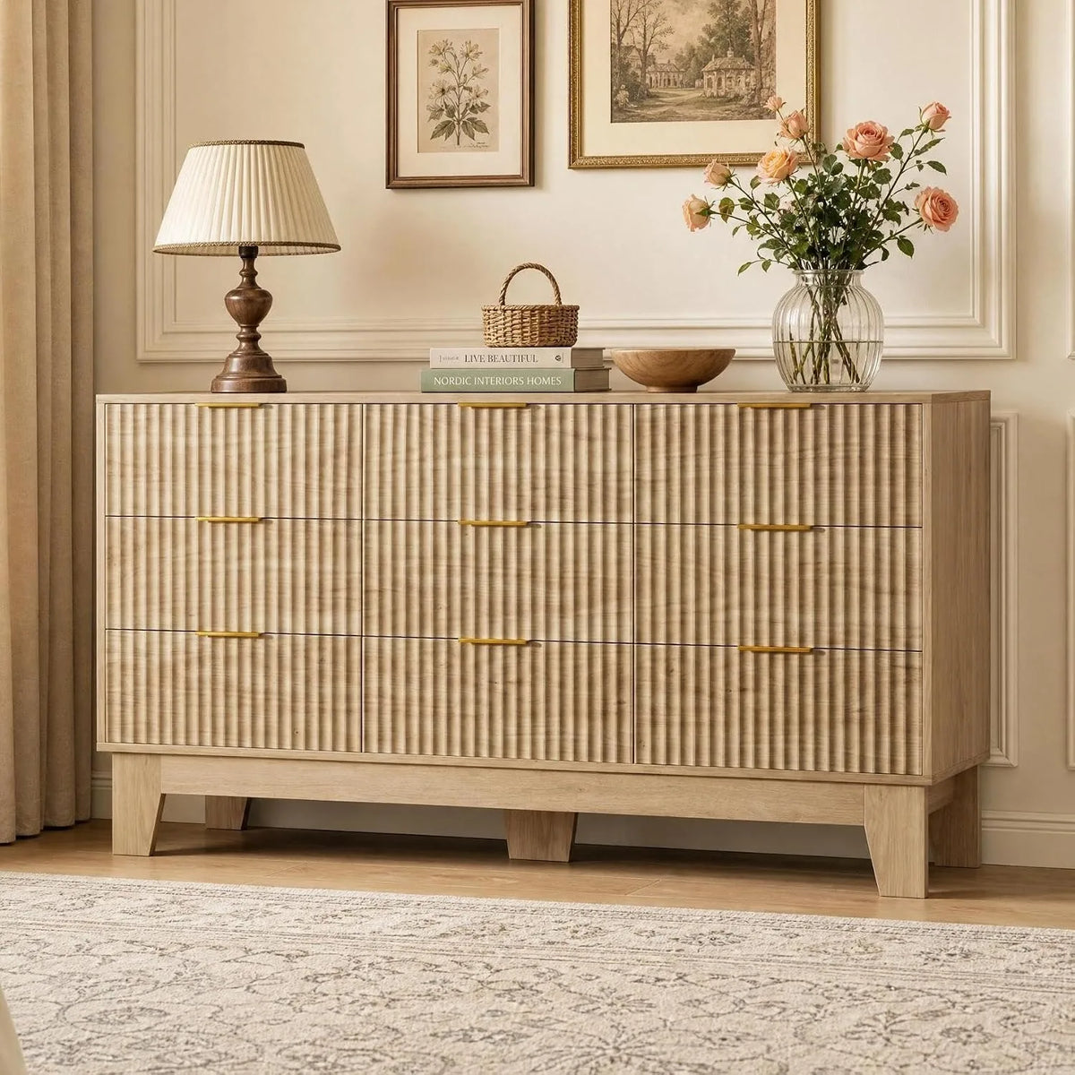 Modern Fluted Wood Nine Drawer Dresser With Storage Cabinet