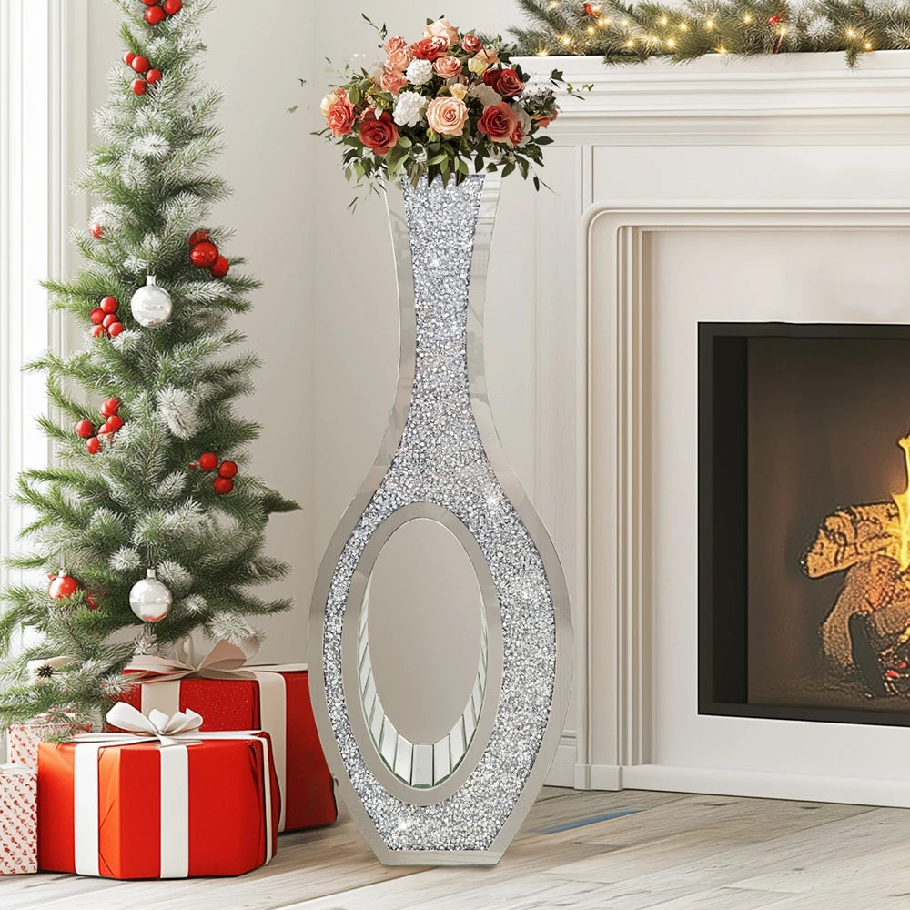 Tall Mirrored Glass Floor Vase Decorative Crush Diamond Design