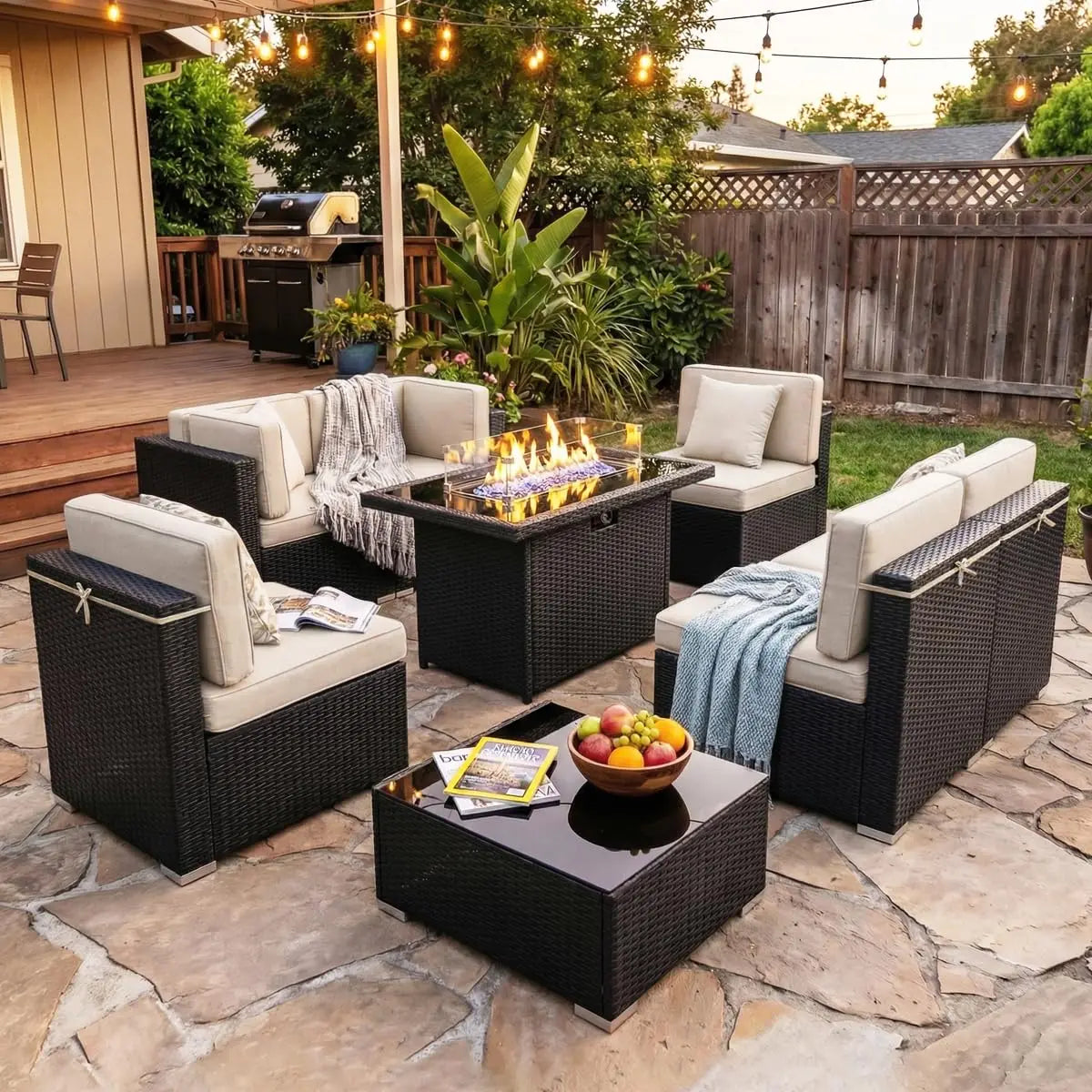 Xiaolang Outdoor Wicker Patio Sofa Set With Fire Pit Table