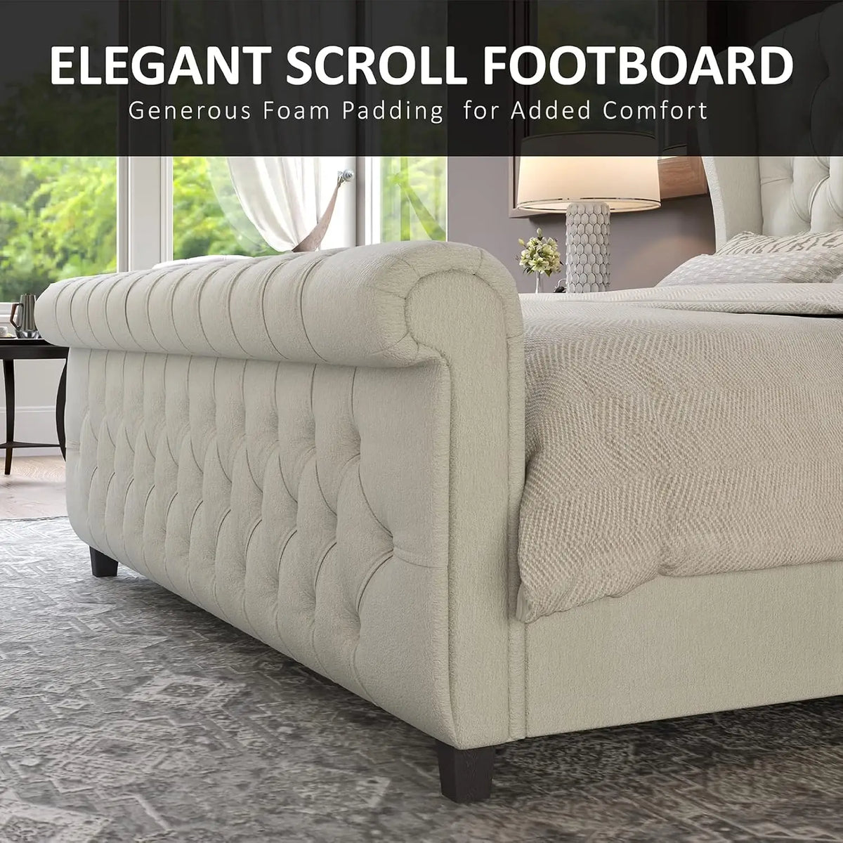 Queen Size Platform Bed Frame, Chenille Upholstered Sleigh Bed with Scroll Wingback Headboard & Footboard/Button, Customized