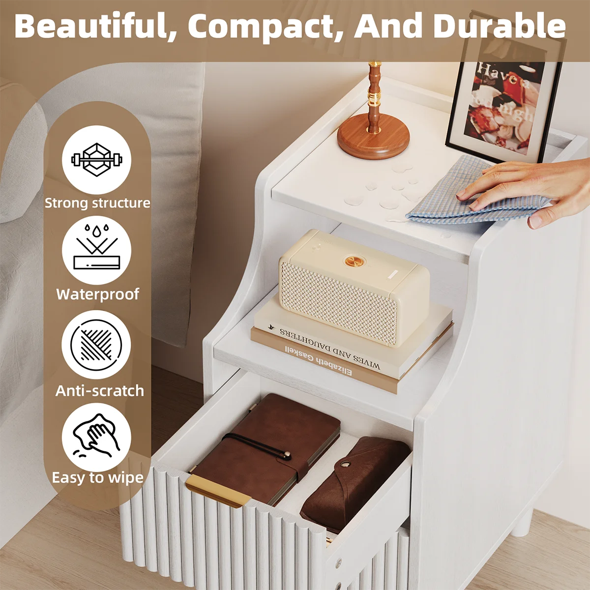 UGTOO Modern Narrow Nightstand With Two Drawers And Open Shelf