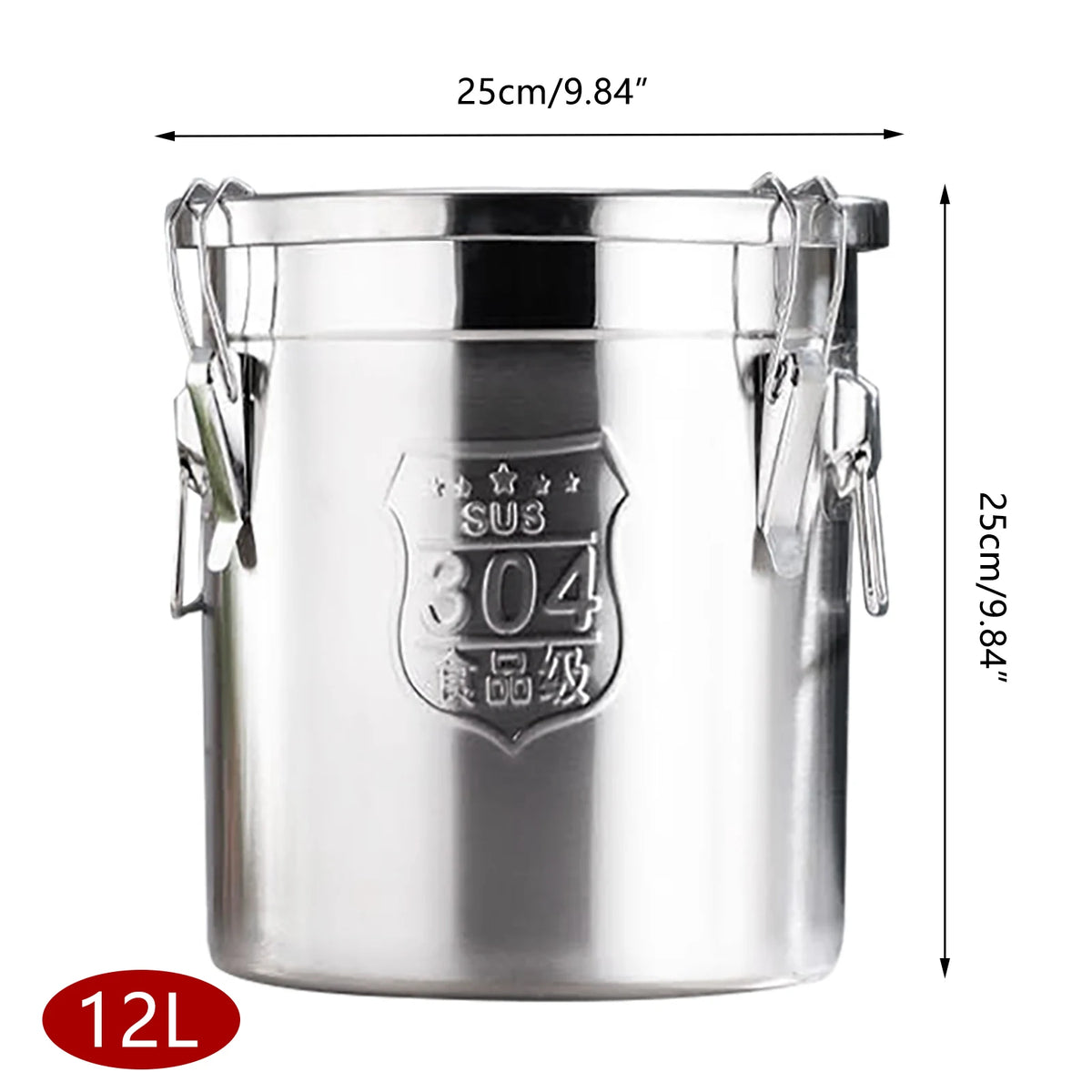 6L/12L Stainless Steel Cereal Container Kitchen Rice Oil Storage Bucket Airtight Canister with Locking Clamp for Rice Flour Milk