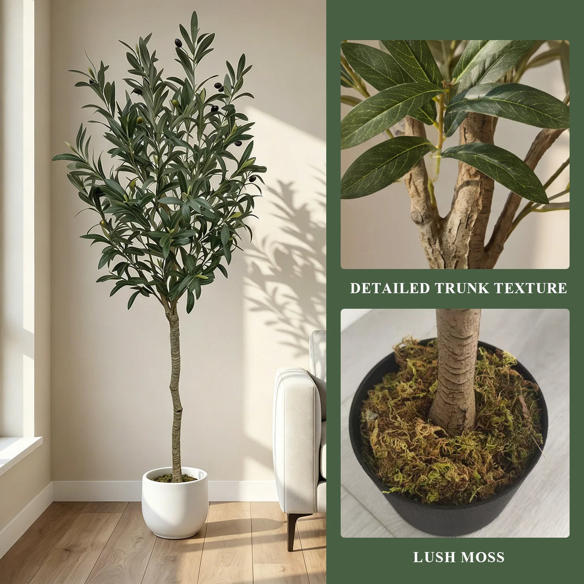 Artificial Olive Tree with Planter, Realistic Faux Silk Plant with Wood Trunk & Lifelike Fruits, Tall Fake Potted Olive Tree for Home Office Living Room Decor